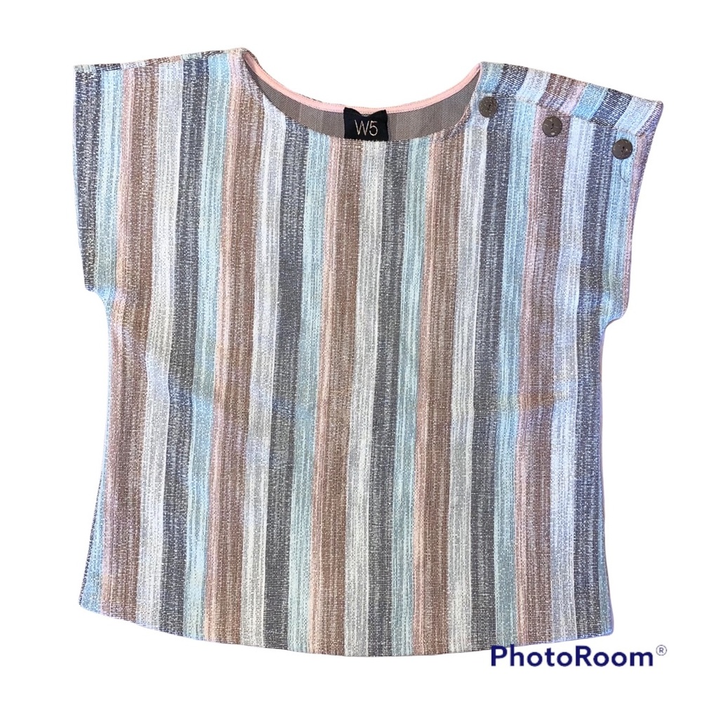 W5 Women Striped Button Shoulder Top Blue Gray Tan Textured Blouse Large